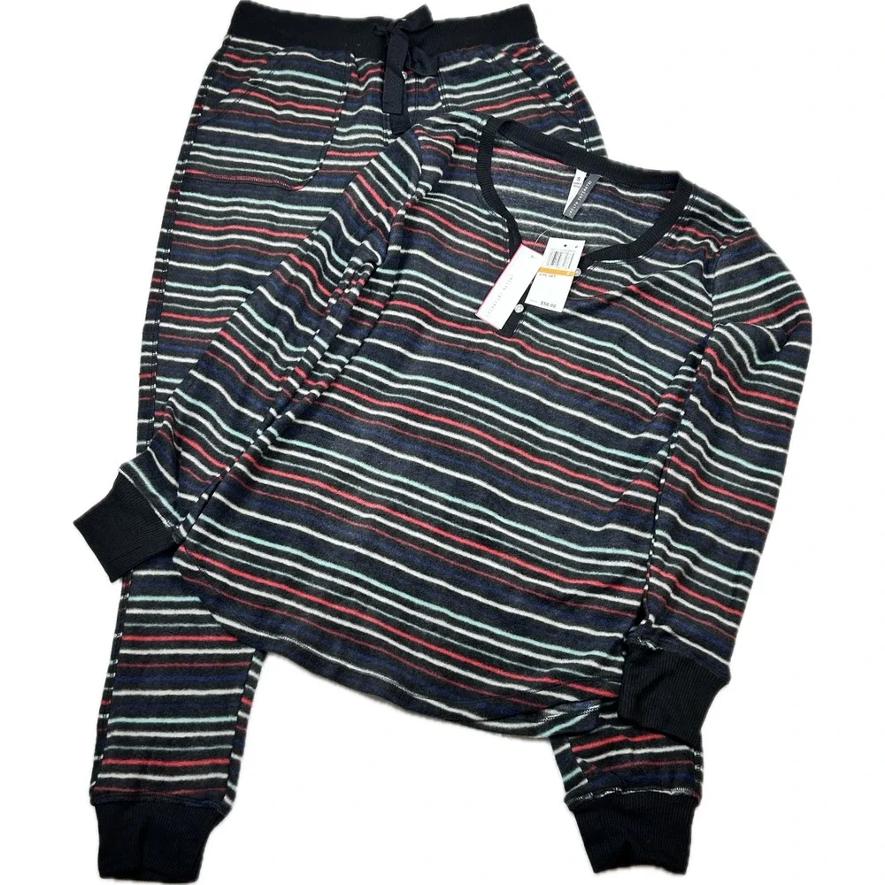 Jaclyn Intimates Womens 2 Piece Pajama Set Striped Henley Top Jogger Pants Small